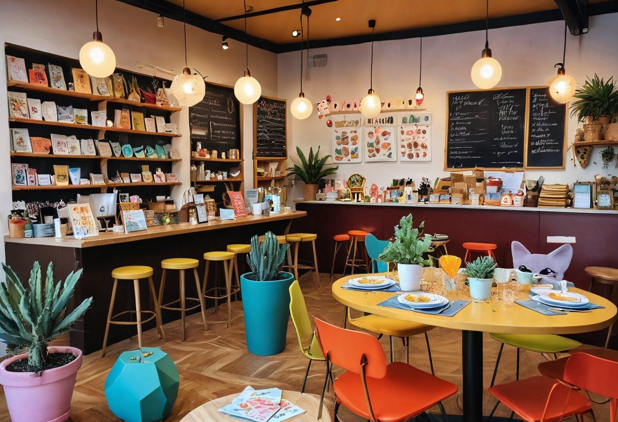 A whimsical scene featuring a colorful assortment of unique and humorous greeting cards spread across a vibrant café table, with quirky illustrations and witty phrases. Include playful characters like a smiling cat and a dancing cactus, surrounded by humorous props like oversized glasses and confetti. The background is a cozy, artsy café filled with soft lighting and cheerful decorations. super-realistic. vibrant colors. playful style.