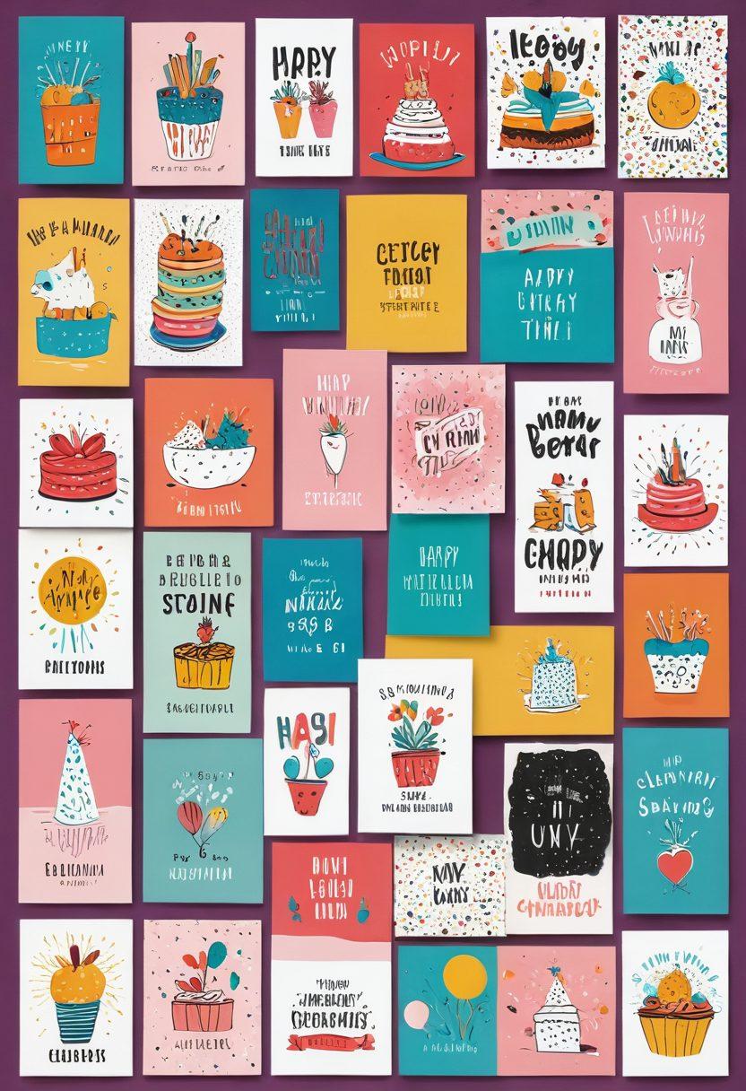 A whimsical collection of 10 quirky greeting cards displayed in a colorful array, each card featuring humorous illustrations and playful typography. The background is a bright and cheerful setting, with confetti and cartoonish characters adding to the joyful theme. Include a variety of occasions represented: birthdays, holidays, and celebrations. The overall vibe should be fun and inviting, enticing viewers to discover the cards. vibrant colors. playful design. cartoon style.